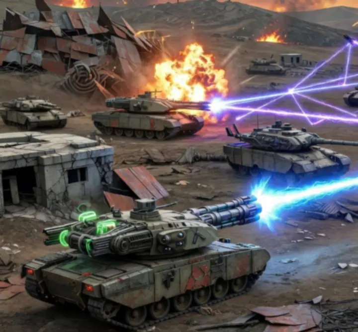 Legendás tankfegyverek robbanás közben egy neonfényes, háború sújtotta arénában