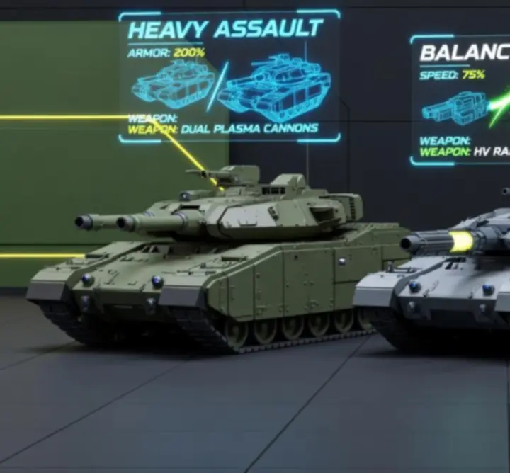Kiemelt futurisztikus tankmodellek páncélzattal és fejlett fegyverzettel a Zarvos Scene-ben