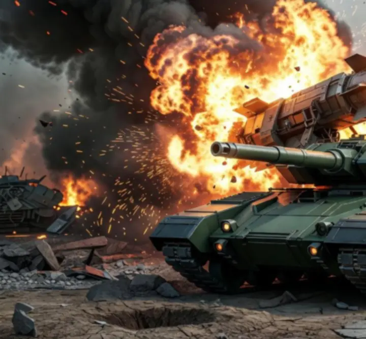 Tank hős rakétavetővel, amint robbanó rakétákat lő ki az arénában